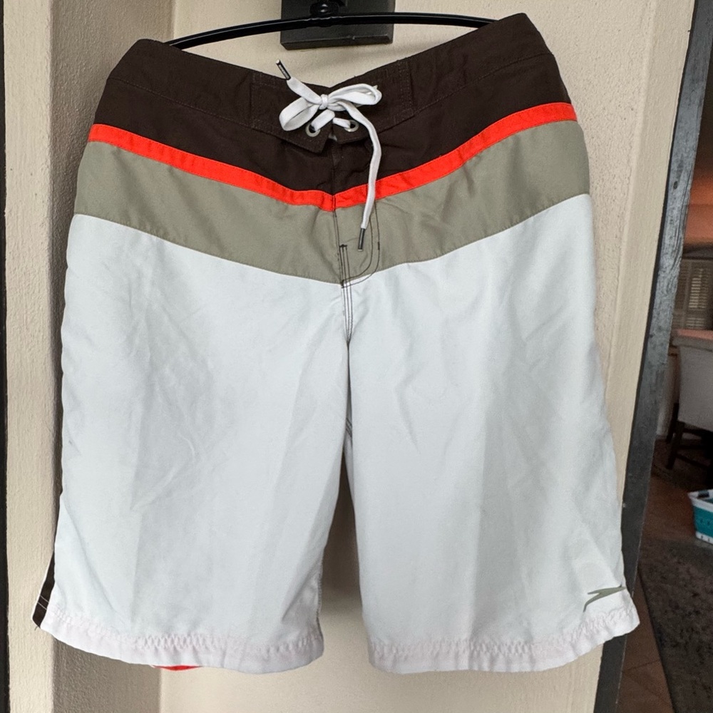 Speedo Men Swim Short White Brown Olive Green Orange Hook & Loop Fly Pockets XL*